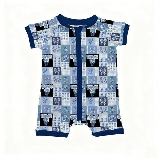 MOQ 5 PCS preorder SR3643 Mama's Girl Bow Pattern Boots Floral Plaid Blue Zip Short Sleeve Girls Romper 202511