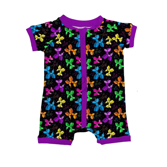MOQ 5 PCS preorder SR3644 Colored Balloon Puppy Purple Black Zip Short Sleeve Girls Romper 202511
