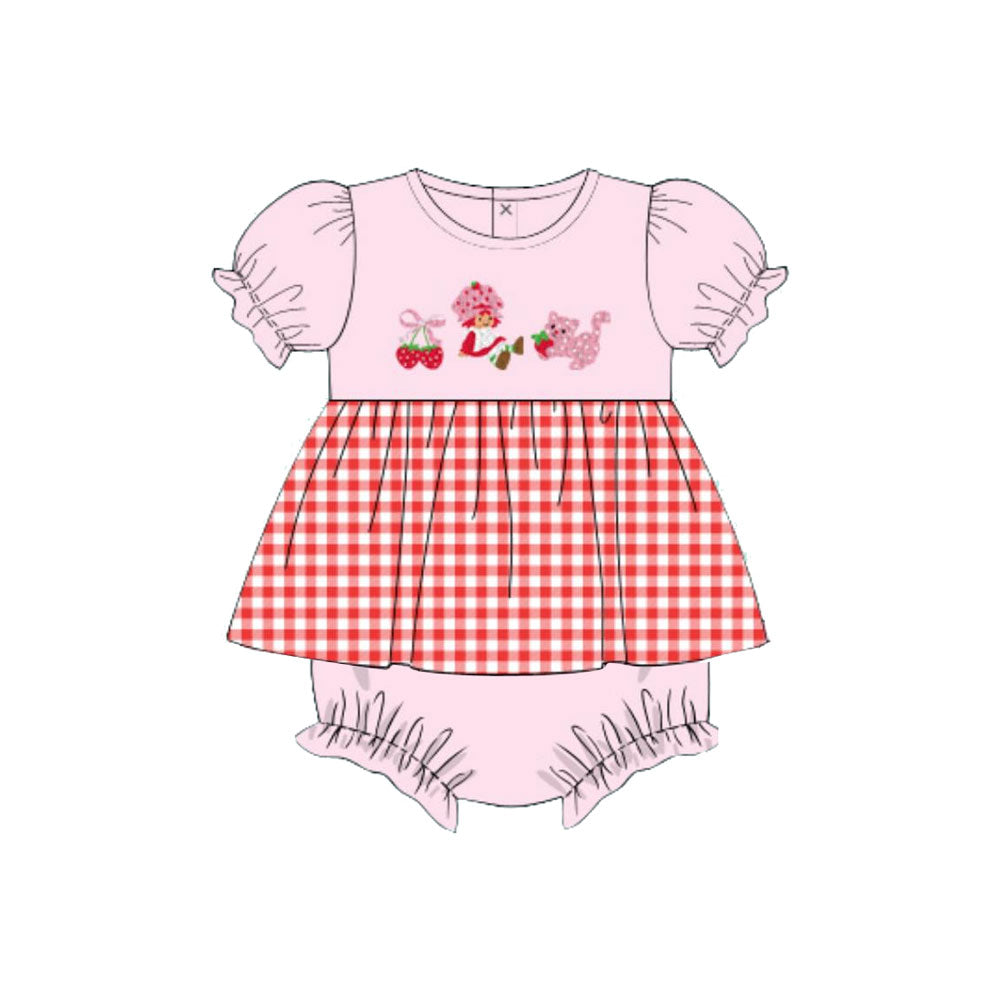MOQ 5 PCS preorder SR3645 Strawberry Girl Kitten Red Plaid Pink Short Sleeve Girls Bubble Romper 202511