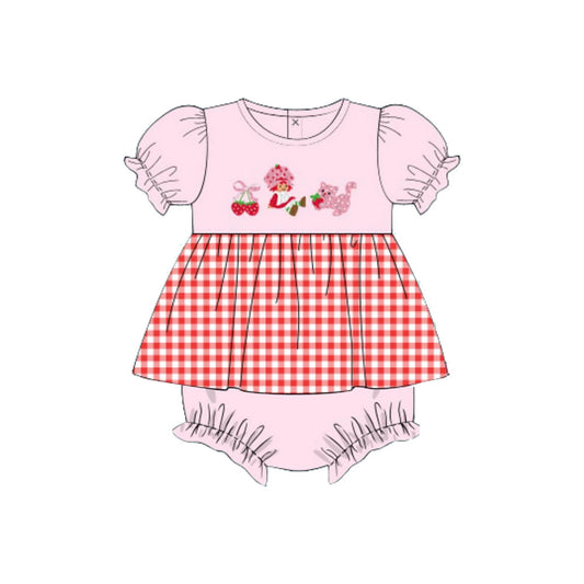 MOQ 5 PCS preorder SR3645 Strawberry Girl Kitten Red Plaid Pink Short Sleeve Girls Bubble Romper 202511