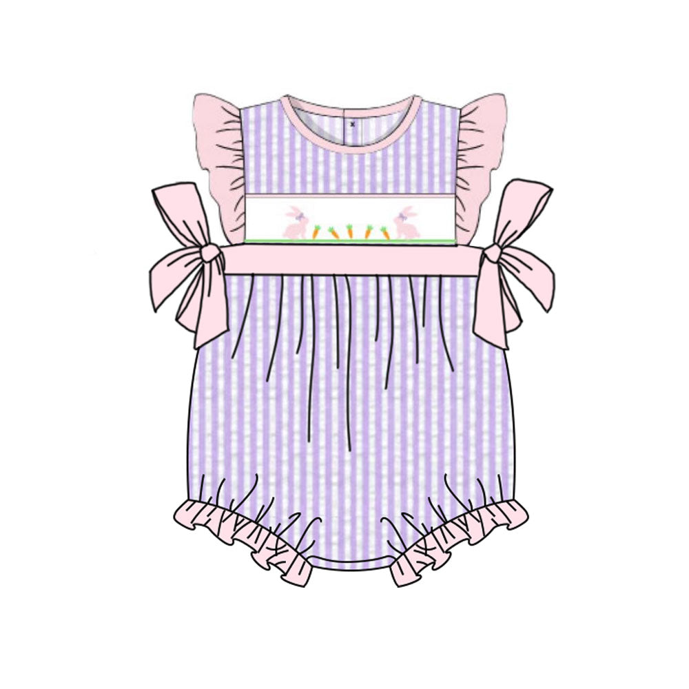 MOQ 5 PCS preorder SR3646 Easter Rabbit Carrot Purple Striped Pink Flying Sleeve Girls Bubble Romper 202511