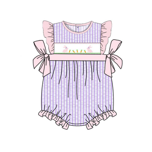 MOQ 5 PCS preorder SR3646 Easter Rabbit Carrot Purple Striped Pink Flying Sleeve Girls Bubble Romper 202511