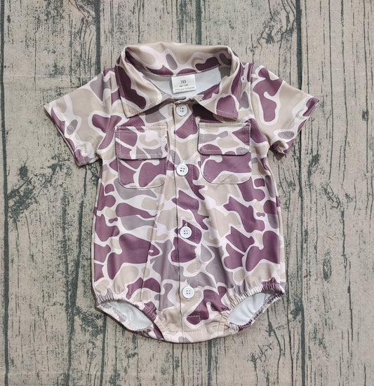 NO MOQ preorder SR3652 Gray Brown Camouflage Buttons Short Sleeve Boys Bubble Romper 202512