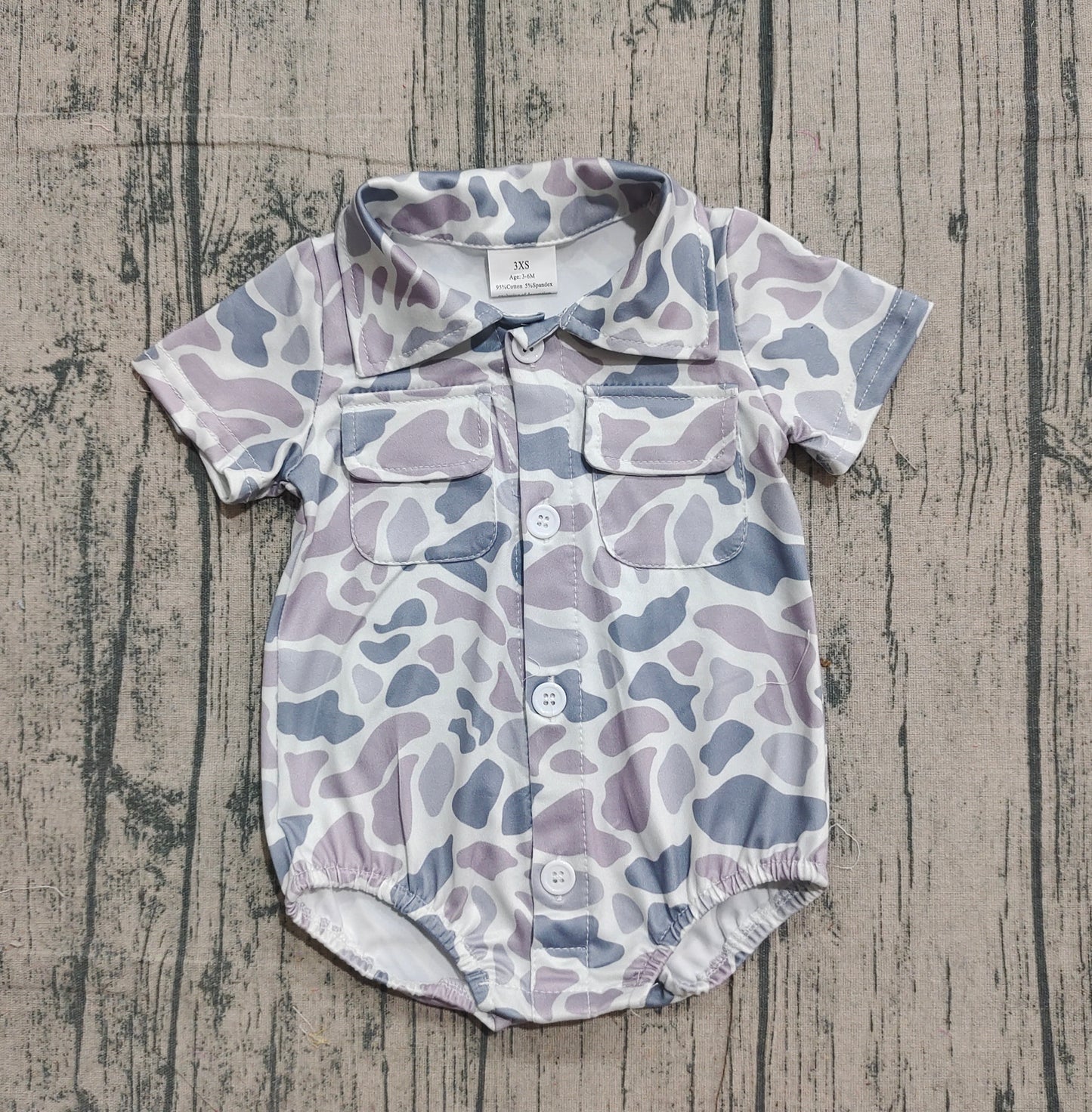NO MOQ preorder SR3654 Gray Camouflage Buttons Short Sleeve Boys Bubble Romper 202512