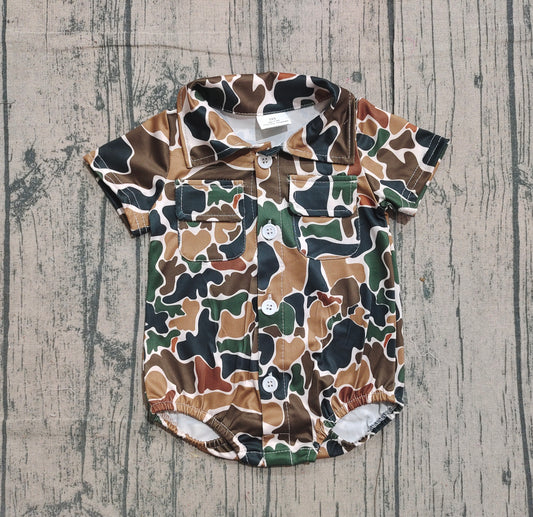 NO MOQ preorder SR3656 Brown Green Camouflage Buttons Short Sleeve Boys Bubble Romper 202512
