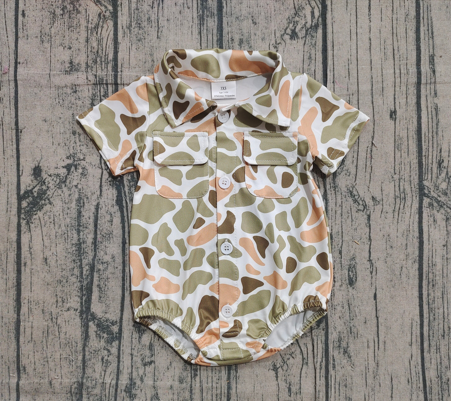 NO MOQ preorder SR3658 Orange Green Camouflage Buttons Short Sleeve Boys Bubble Romper 202512