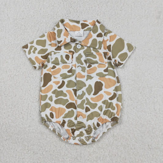 SR3658 Orange Green Camouflage Buttons Short Sleeve Boys Bubble Romper 202512 RTS