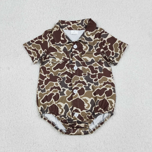 SR3659 Brown Camouflage Buttons Short Sleeve Boys Bubble Romper 202601 RTS