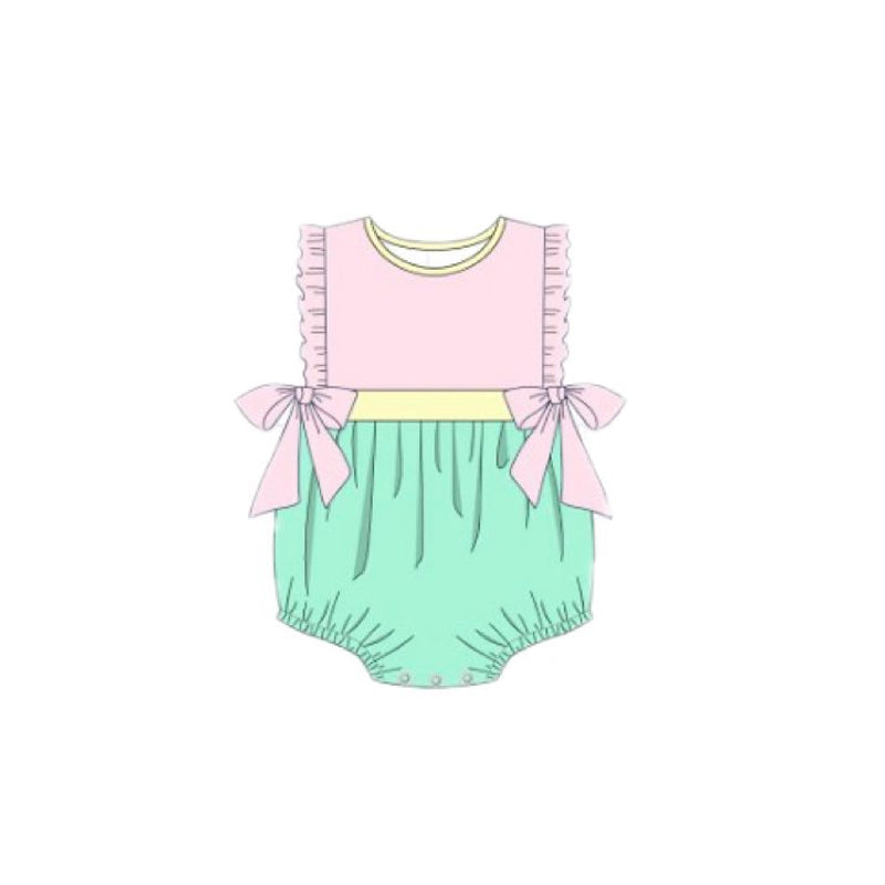 MOQ 5 PCS preorder SR3661 Solid Pink Yellow Green Blocked Bows Ruffle Sleeveless Girls Bubble Romper 202511