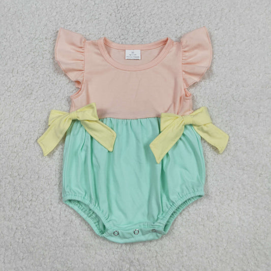 SR3662 Solid Pink Yellow Green Blocked Bows Ruffle Flying Sleeve Girls Bubble Romper 202603 RTS