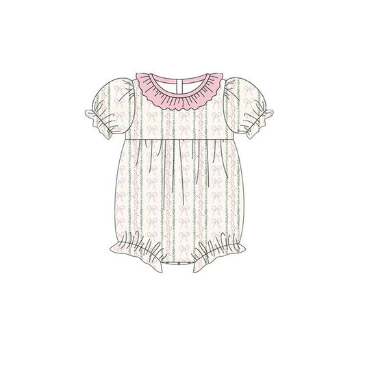 MOQ 5 PCS preorder SR3671 Floral Bows Pink Ruffle Short Sleeve Girls Bubble Romper 202511