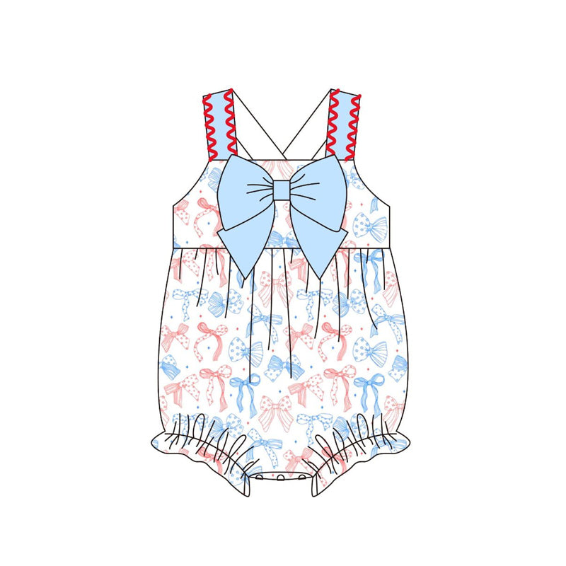 MOQ 5 PCS preorder SR3678 4th of July Red Blue Bows Sleeveless Girls Bubble Romper 202511