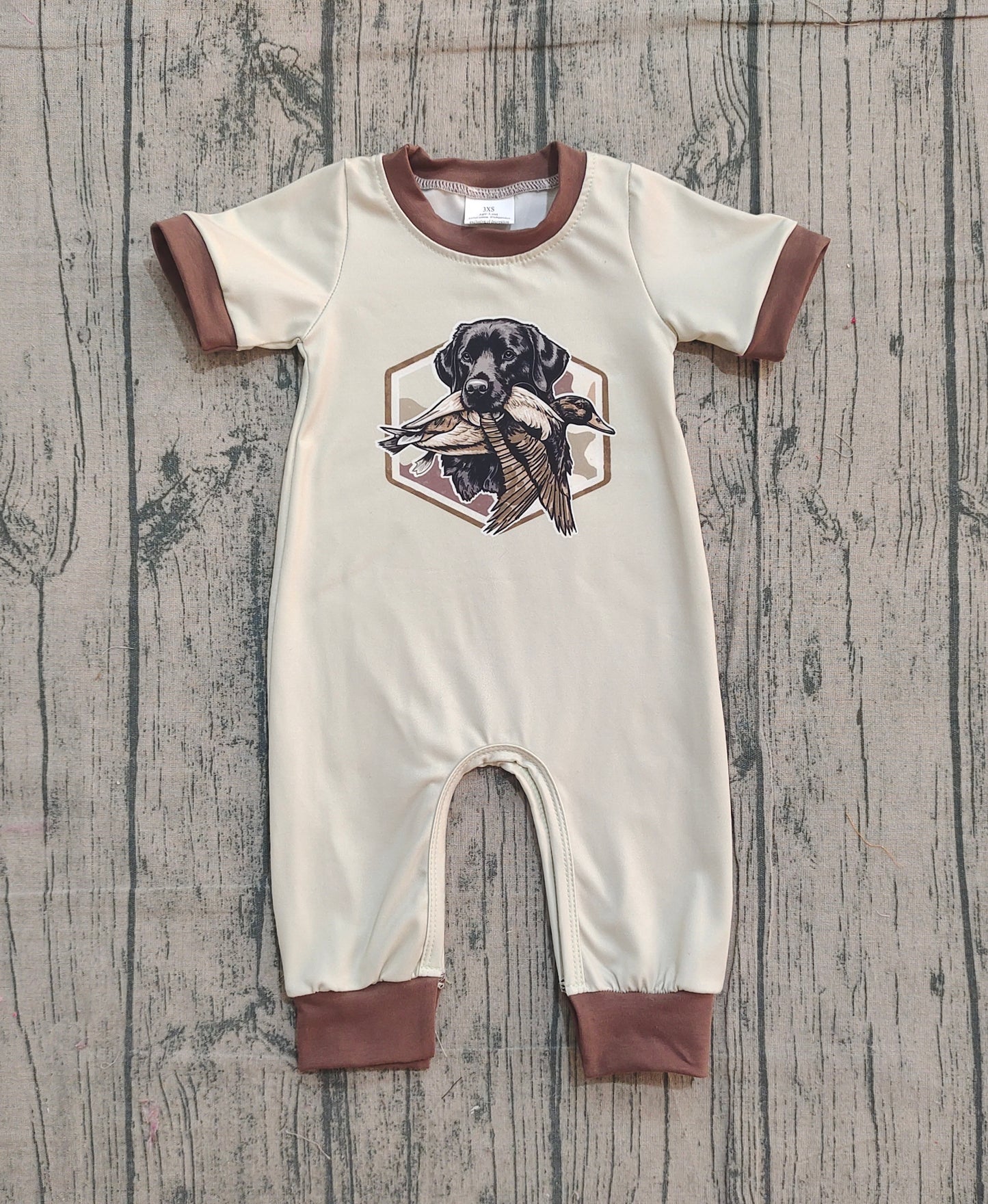 NO MOQ preorder SR3680 Puppy Duck Hunting Brown O-Neck Beige Short Sleeve Boys Romper 202512