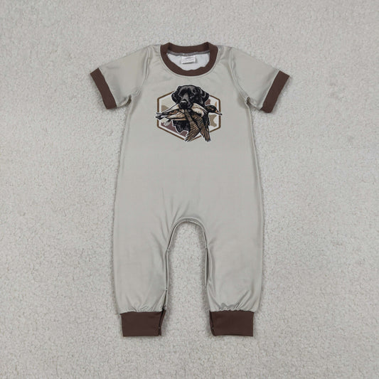 SR3680 Puppy Duck Hunting Brown O-Neck Beige Short Sleeve Boys Romper 202512 RTS