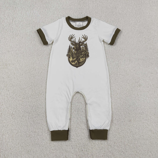 SR3683 Deer Hunting Brown O-Neck White Short Sleeve Boys Romper 202512 RTS