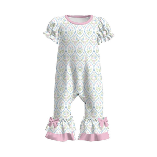 MOQ 5 PCS preorder SR3685 Flower Plaid Pink Bows Short Sleeve Sweet Girls Romper 202511