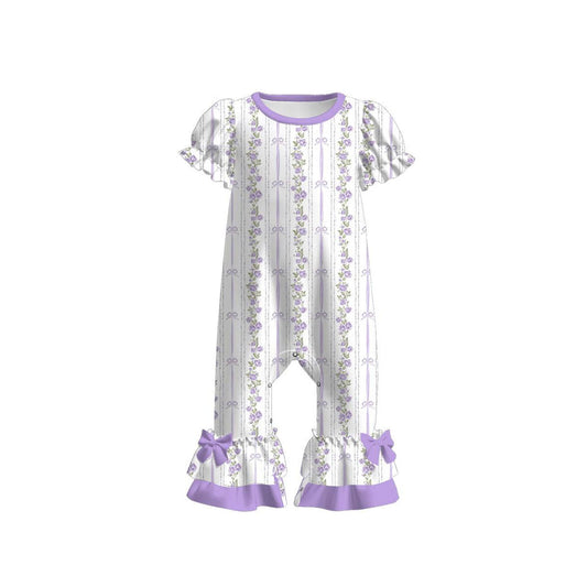 MOQ 5 PCS preorder SR3686 Flower Stripe Purple Bows Short Sleeve Sweet Girls Romper 202511