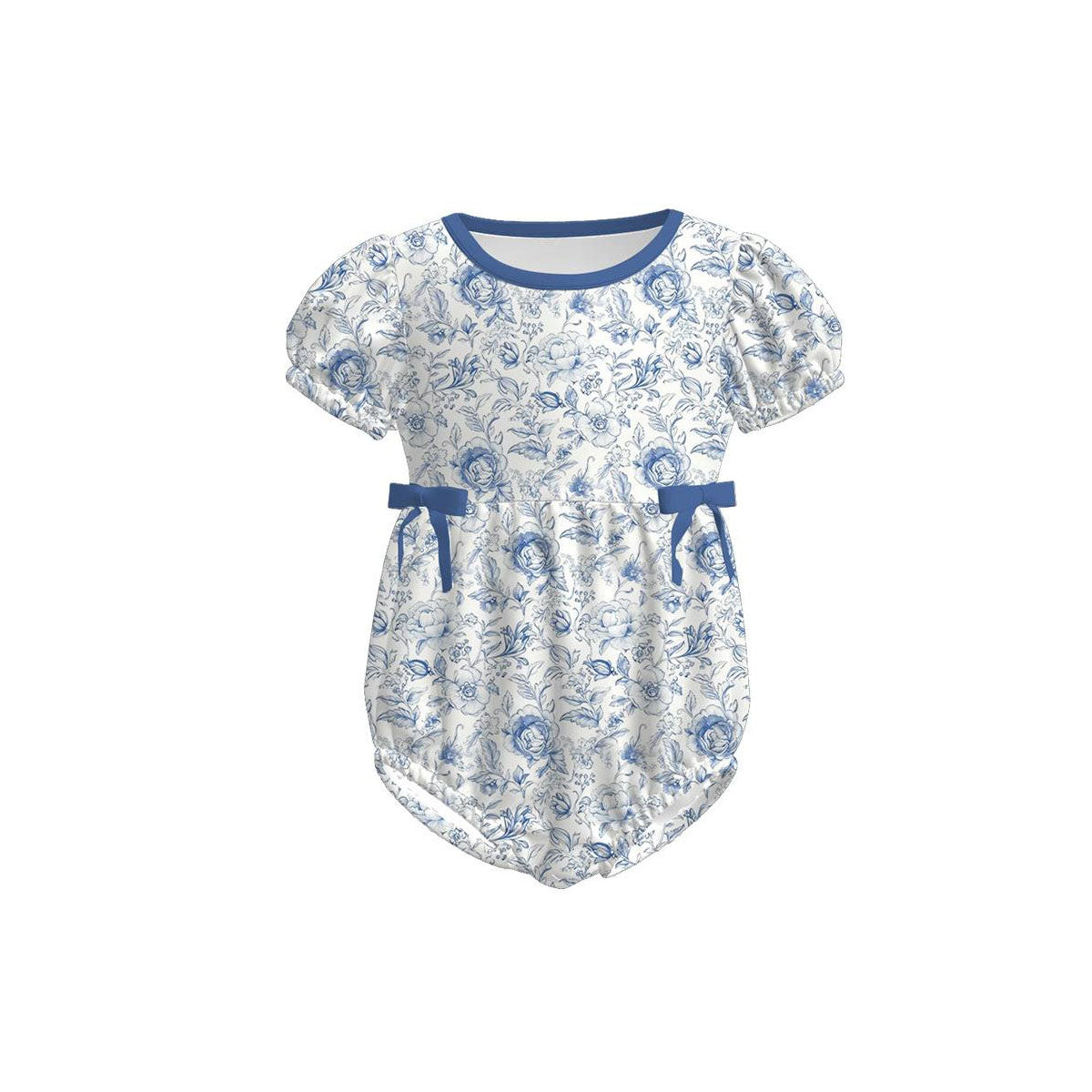 MOQ 5 PCS preorder SR3690 Flower Leaf Blue White Short Sleeve Girls Bubble Romper 202511