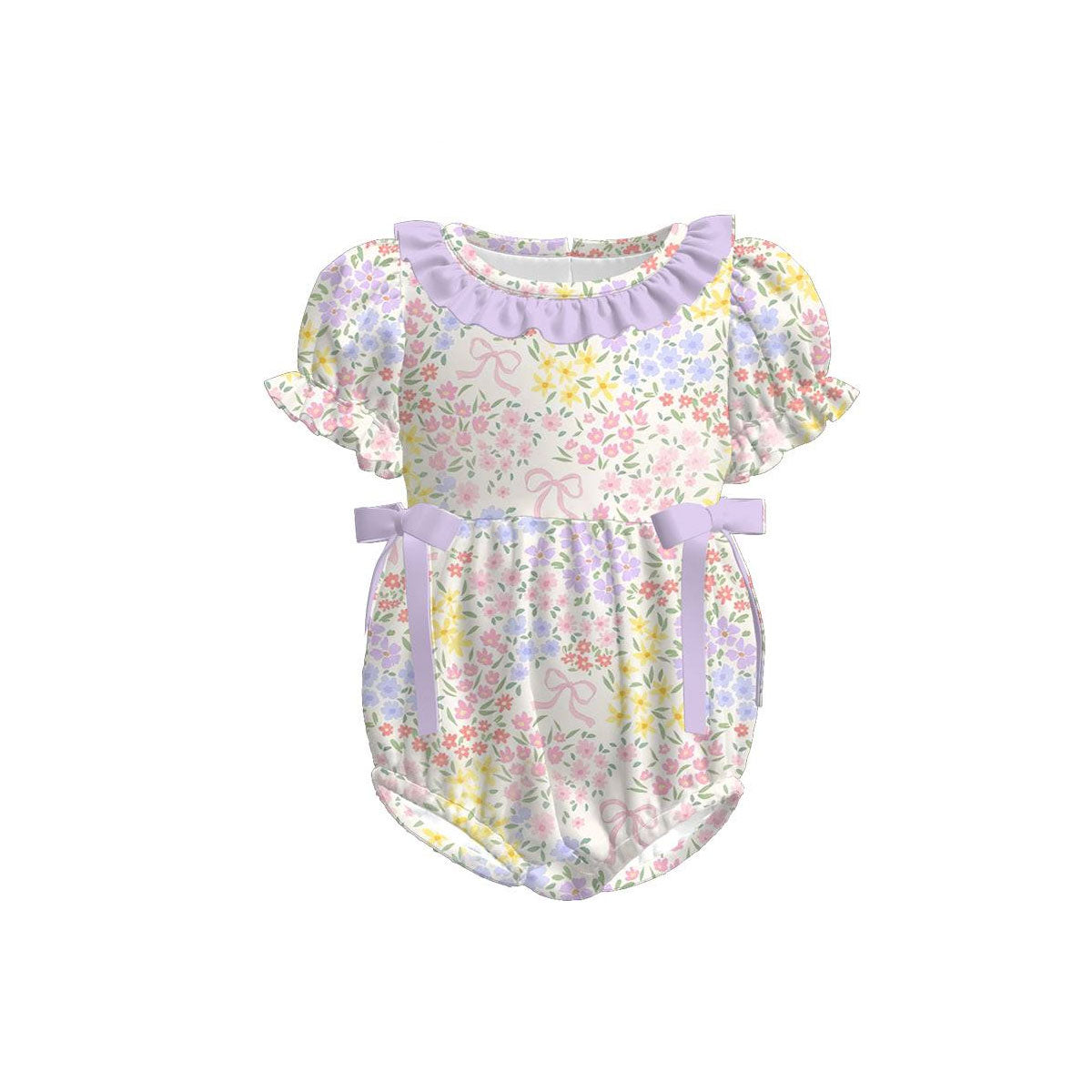 MOQ 5 PCS preorder SR3692 Flower Bows Light Purple Ruffle Short Sleeve Girls Bubble Romper 202511