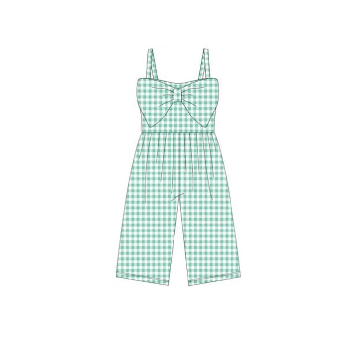 MOQ 5 PCS Preorder SR3696 Solid Pea Green Plaid Big Bow Sleeveless Girls Overalls Jumpsuits 202511