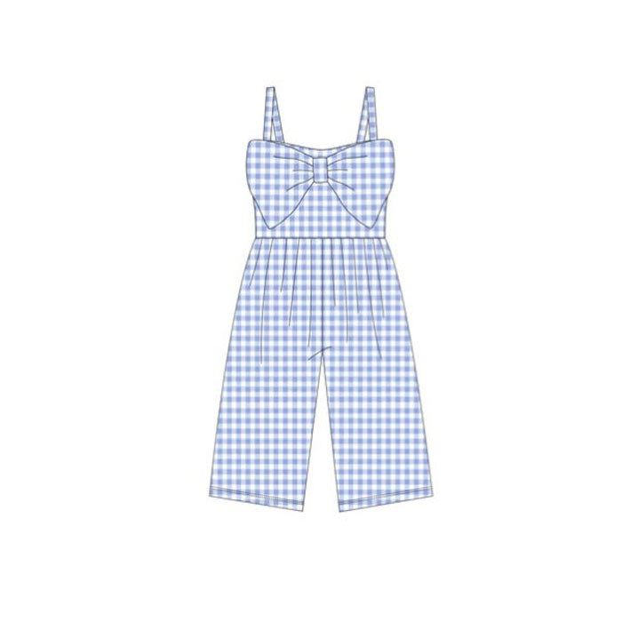 MOQ 5 PCS Preorder SR3697 Solid Blue Plaid Big Bow Sleeveless Girls Overalls Jumpsuits 202511