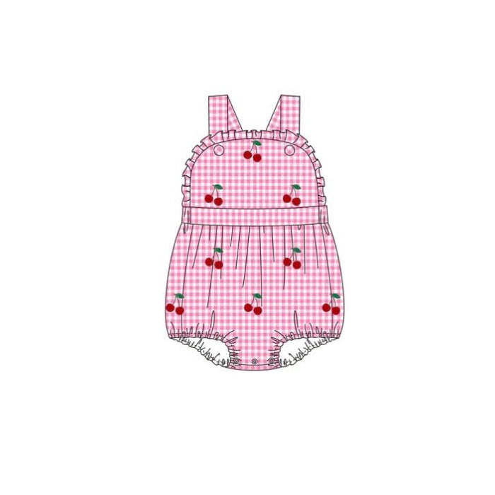 MOQ 5 PCS preorder SR3701 Cherry Rose Pink Plaid Ruffle Sleeveless Girls Bubble Romper 202511
