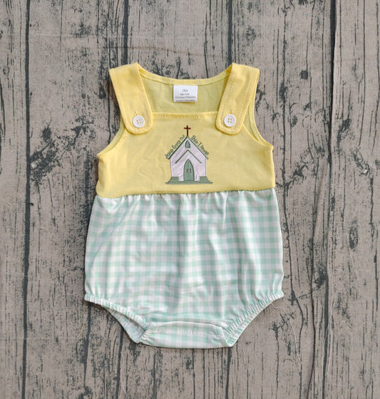 NO MOQ preorder SR3703 Embroidered Easter Cross Pea Green Plaid Yellow Sleeveless Boys Bubble Romper 202512