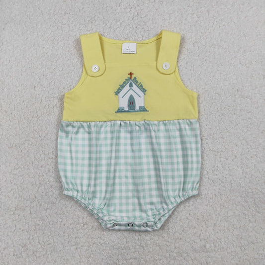 SR3703 Embroidered Easter Cross Pea Green Plaid Yellow Sleeveless Boys Bubble Romper 202601 RTS