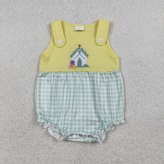 SR3704 Embroidered Easter Cross Pea Green Plaid Yellow Sleeveless Girls Bubble Romper 202601 RTS
