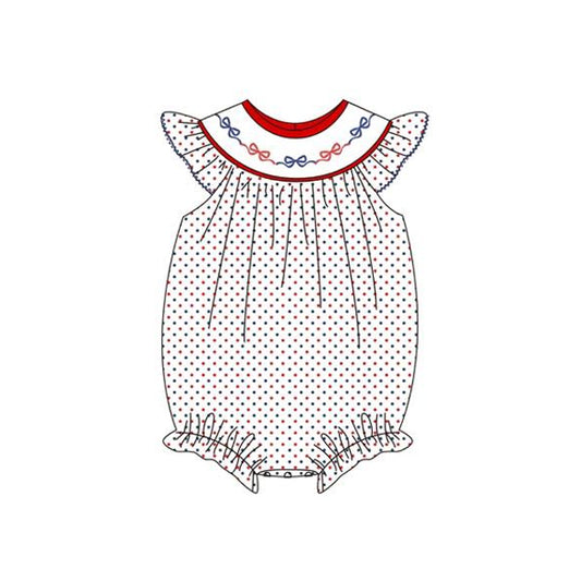 MOQ 5 PCS preorder SR3706 4th of July Red Blue Bows Dots Flying Sleeve Girls Bubble Romper 202511