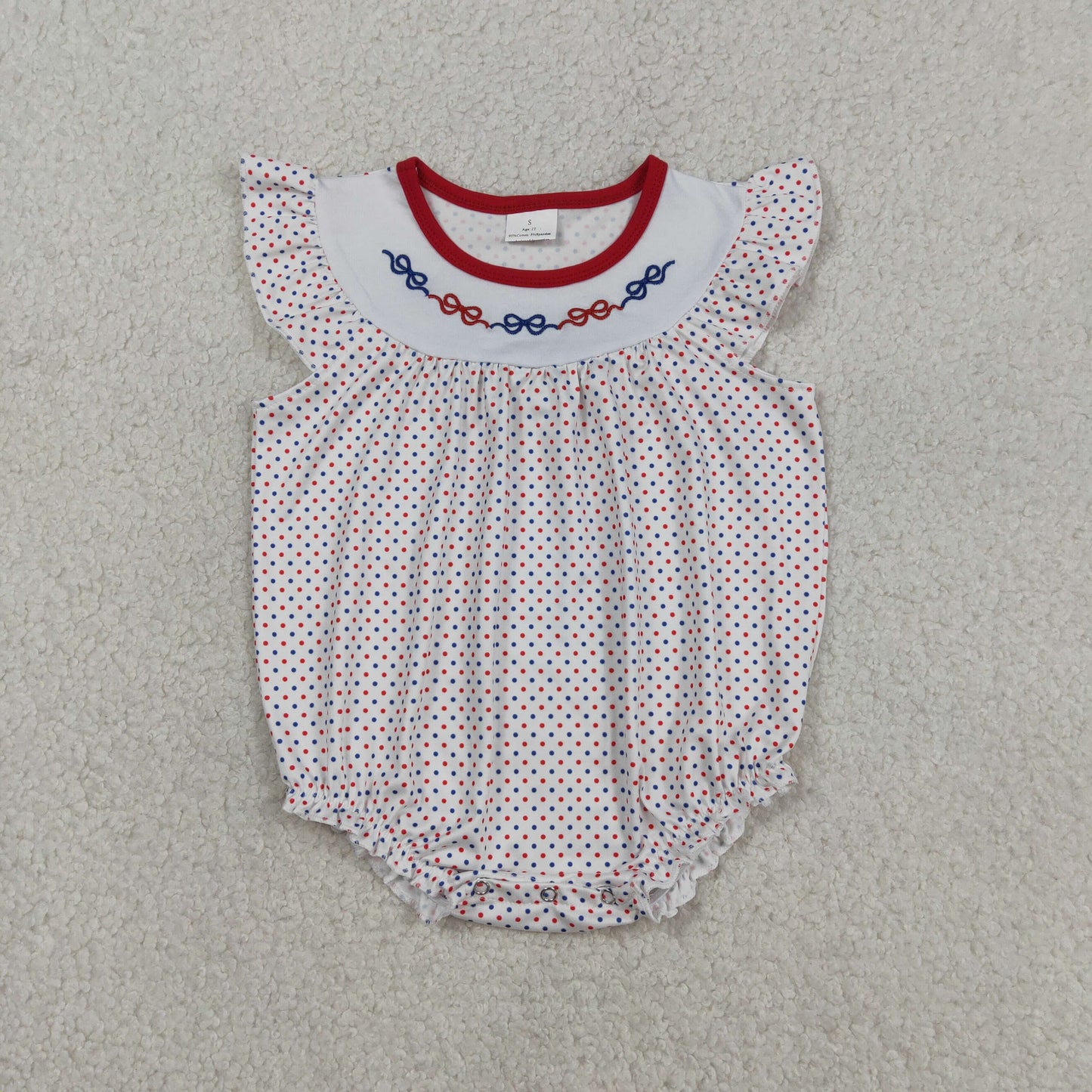 SR3706 Embroidered 4th of July Red Blue Bows Dots Flying Sleeve Girls Bubble Romper 202603 RTS