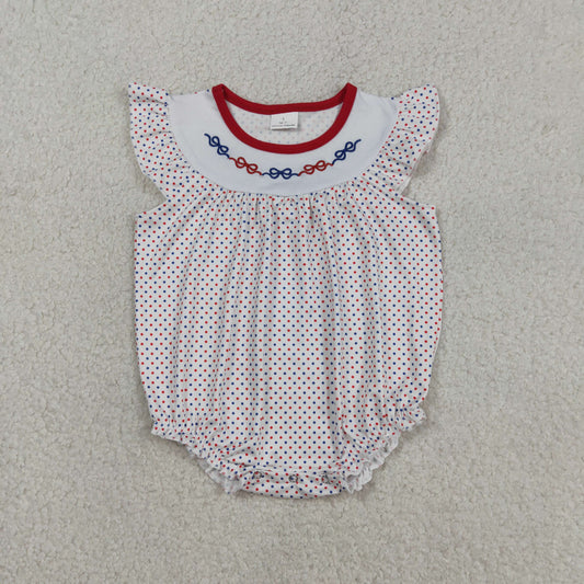 SR3706 Embroidered 4th of July Red Blue Bows Dots Flying Sleeve Girls Bubble Romper 202603 RTS