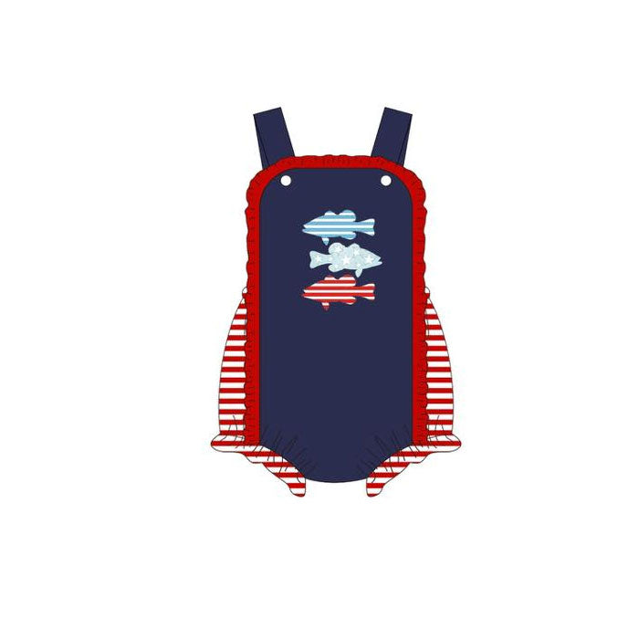 MOQ 5 PCS preorder SR3706 4th of July Fish Pattern Red Ruffle Navy Halter Girls Bubble Romper 202511