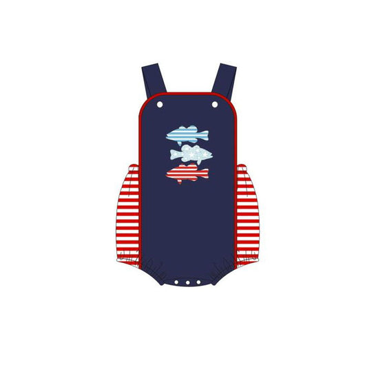 MOQ 5 PCS preorder SR3707 4th of July Fish Pattern Red Navy Sleeveless Boys Bubble Romper 202511