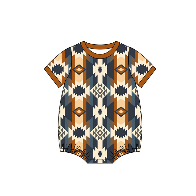 MOQ 5 PCS preorder SR3710 Geometric Pattern Brown Blue Short Sleeve Boys Bubble Romper 202511
