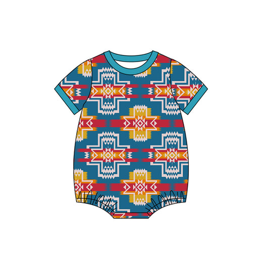 MOQ 5 PCS preorder SR3711 Geometric Pattern Orange Red Blue Short Sleeve Boys Bubble Romper 202511