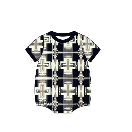 MOQ 5 PCS preorder SR3714 Geometric Pattern Black Short Sleeve Boys Bubble Romper 202511