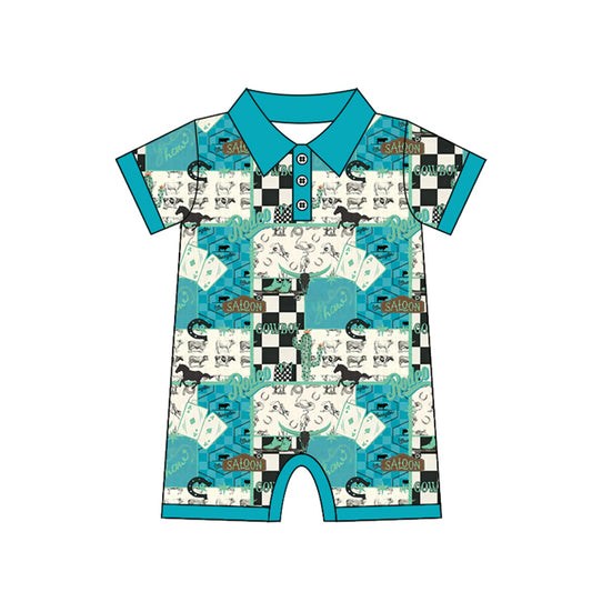 MOQ 5 PCS preorder SR3723 Cowboy Cactus Highland Cow Blue Polo Short Sleeve Boys Romper 202511