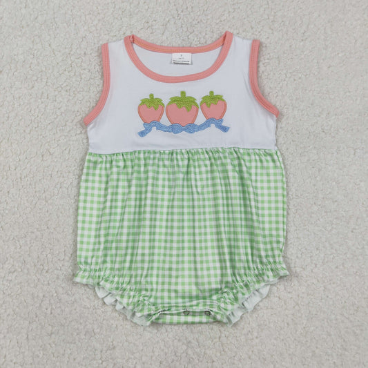 SR3725 Embroidered Strawberry Bows Green Plaid Pink Sleeveless Girls Bubble Romper 202601 RTS