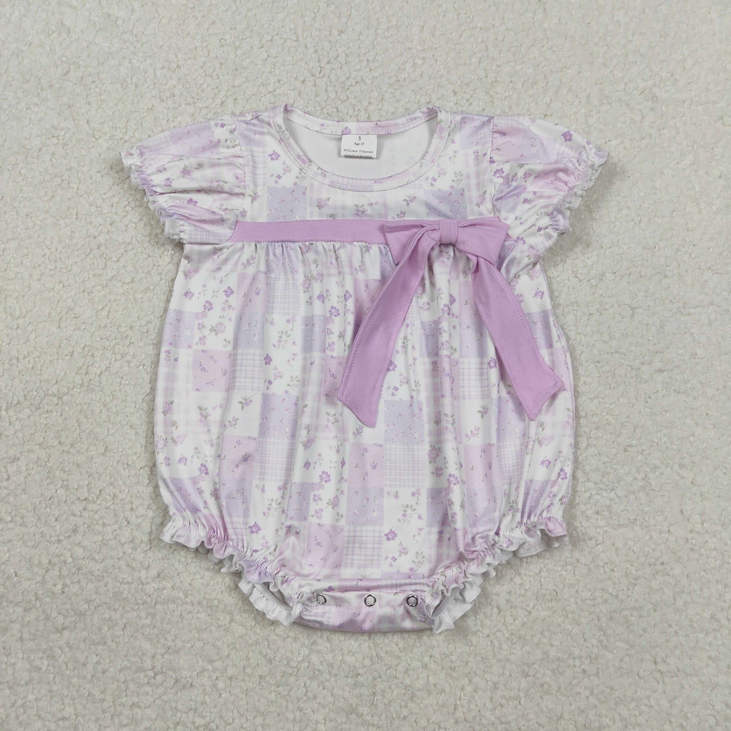 SR3730 Floral Bow Purple Puff Short Sleeve Girls Bubble Romper 202602 RTS