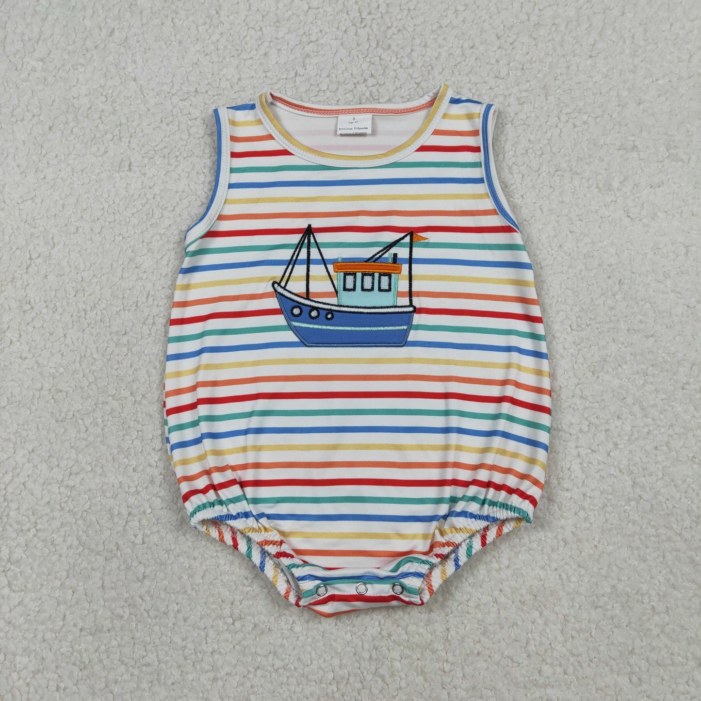 SR3733 Embroidered Sailboat Pattern Colored Stripe Sleeveless Boys Bubble Romper 202601 RTS Sibling