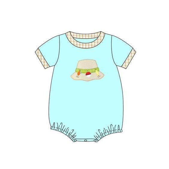MOQ 5 PCS preorder SR3749 Fishing Hat Khaki Plaid O-Neck Blue Green Short Sleeve Boys Bubble Romper 202512
