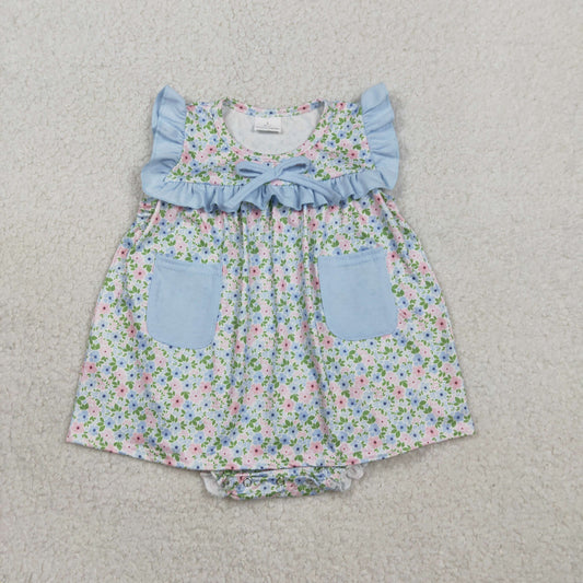 SR3752 Flower Pocket Blue Ruffle Sleeveless Girls Bubble Romper 202602 RTS