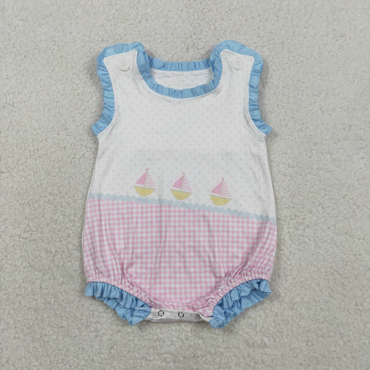SR3755 Sailboat Dots Plaid Pink Ruffle Sleeveless Girls Bubble Romper 202601 RTS