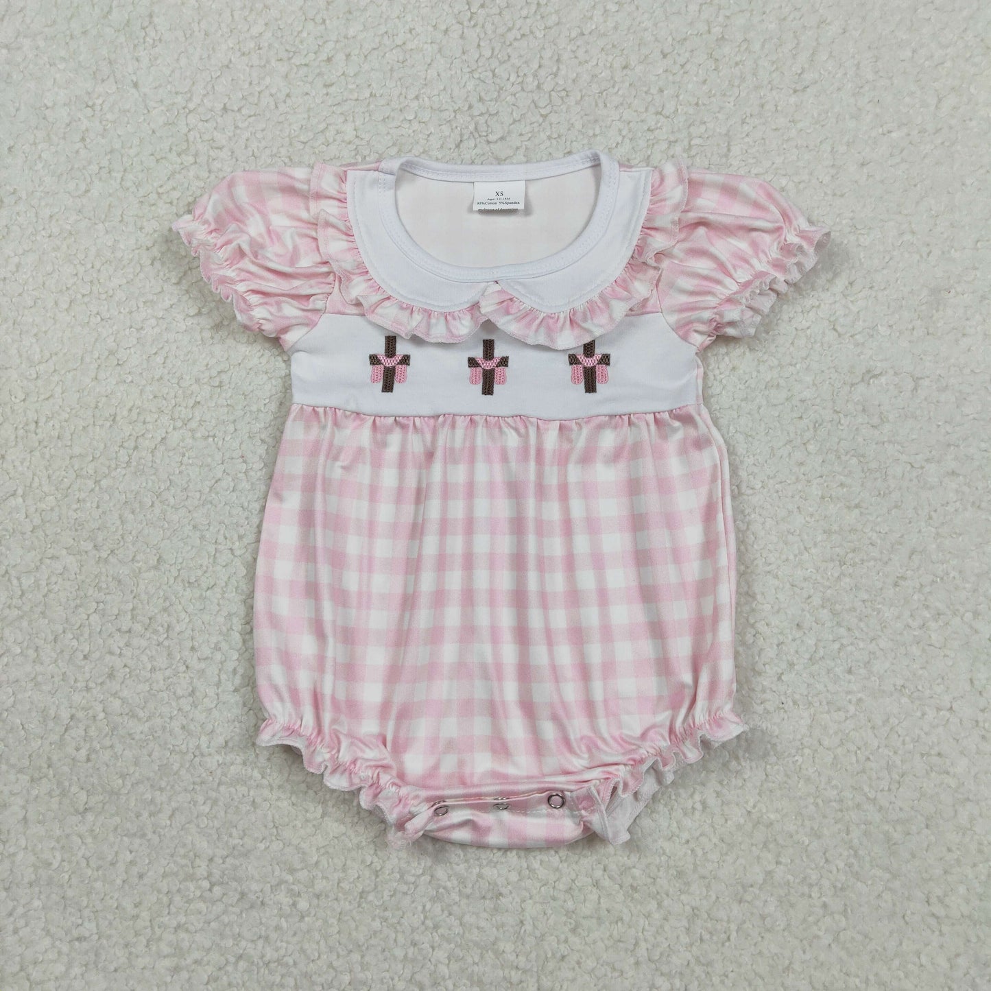 SR3756 Embroidered Easter Cross Doll Collar Pink Plaid Short Sleeve Girls Bubble Romper 202602 RTS Sibling