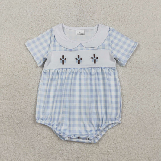 SR3757 Embroidered Easter Cross Doll Collar Blue Plaid Short Sleeve Boys Bubble Romper 202602 RTS