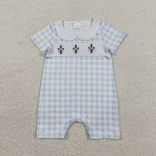 SR3758 Easter Cross Doll Collar Blue Plaid Short Sleeve Boys Romper 202602 RTS