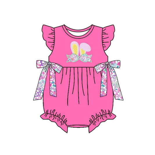 MOQ 5 PCS preorder SR3764 Easter Bunny Ear Flower Rise Red Flying Sleeve Girls Bubble Romper 202512