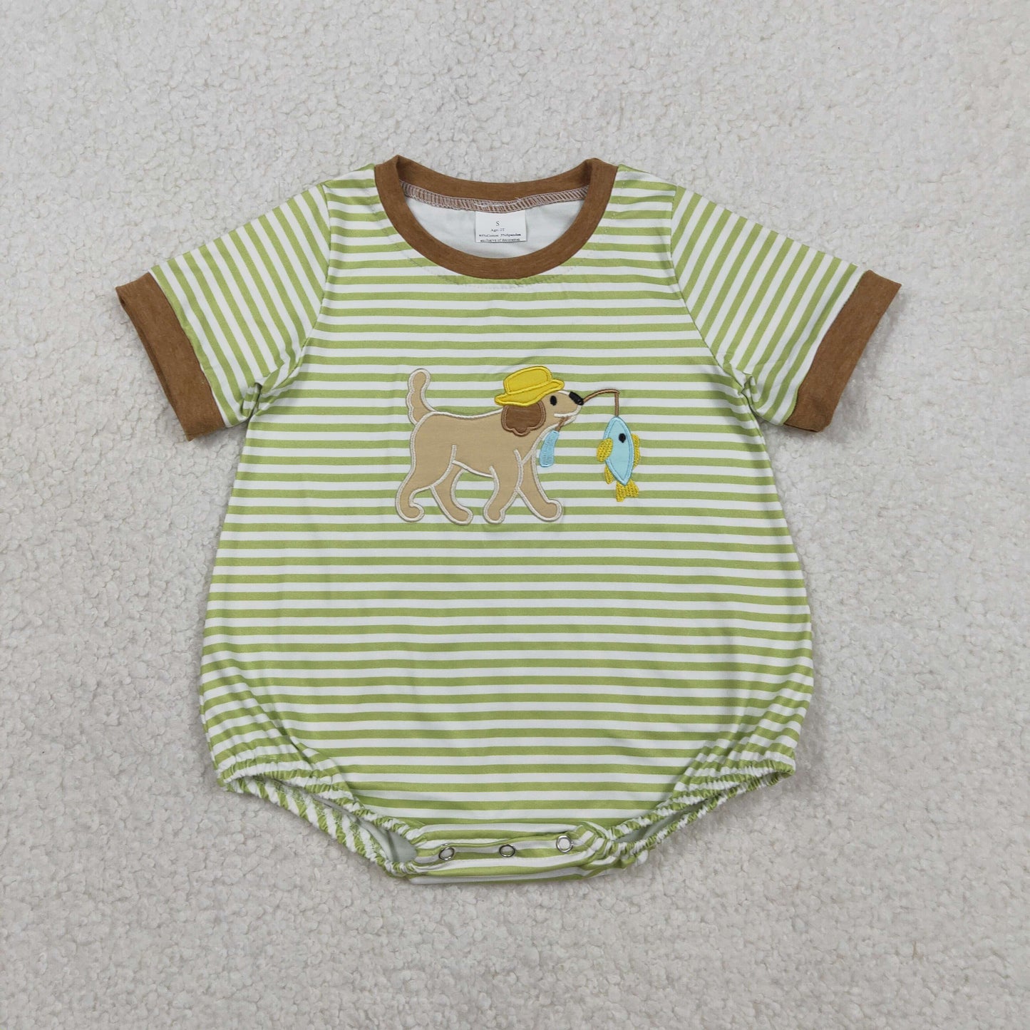 SR3765 Embroidered Puppy Fishing Hunting Green Stripe Brown O-Neck Short Sleeve Boys Bubble Romper 202601 RTS