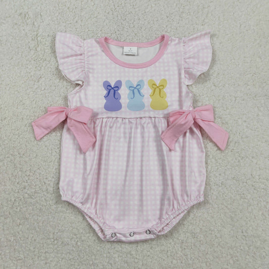 SR3767 Easter Bunny Bows Pink Plaid Flying Sleeve Girls Bubble Romper 202601 RTS